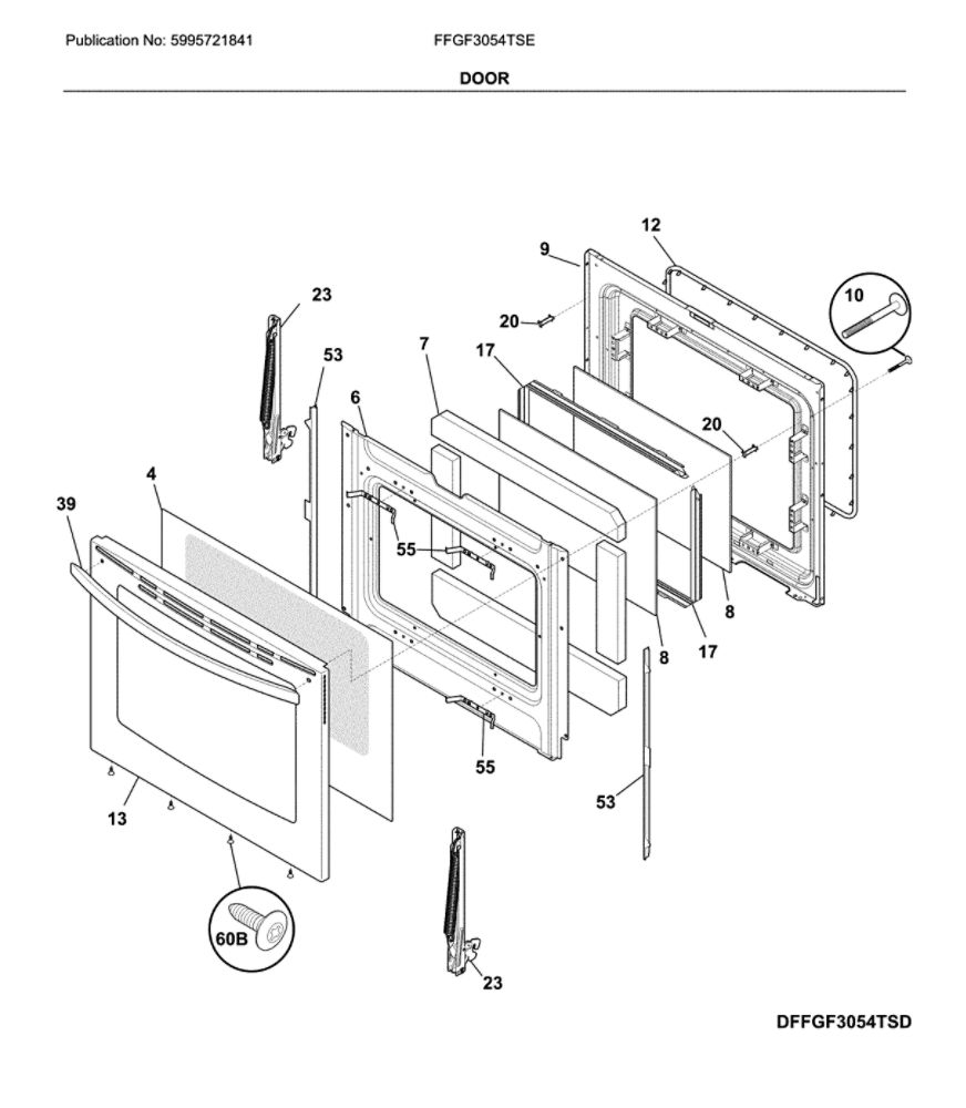 Door Diagram and Parts List for FFGF3054TSE  Frigidaire Range