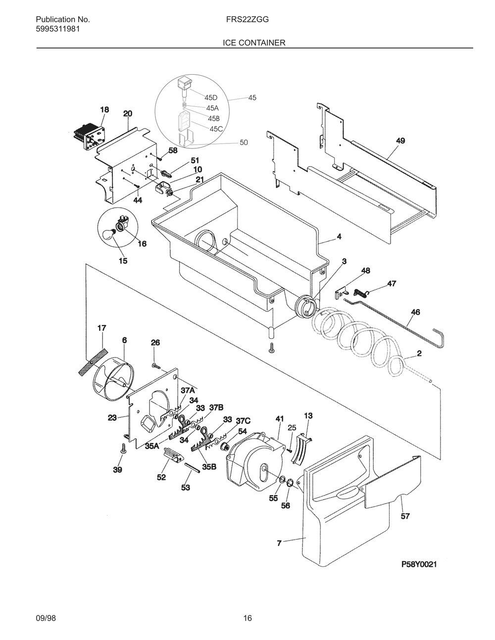 Ice Container Diagram and Parts List for FRS22ZGGB3  Frigidaire Refrigerator
