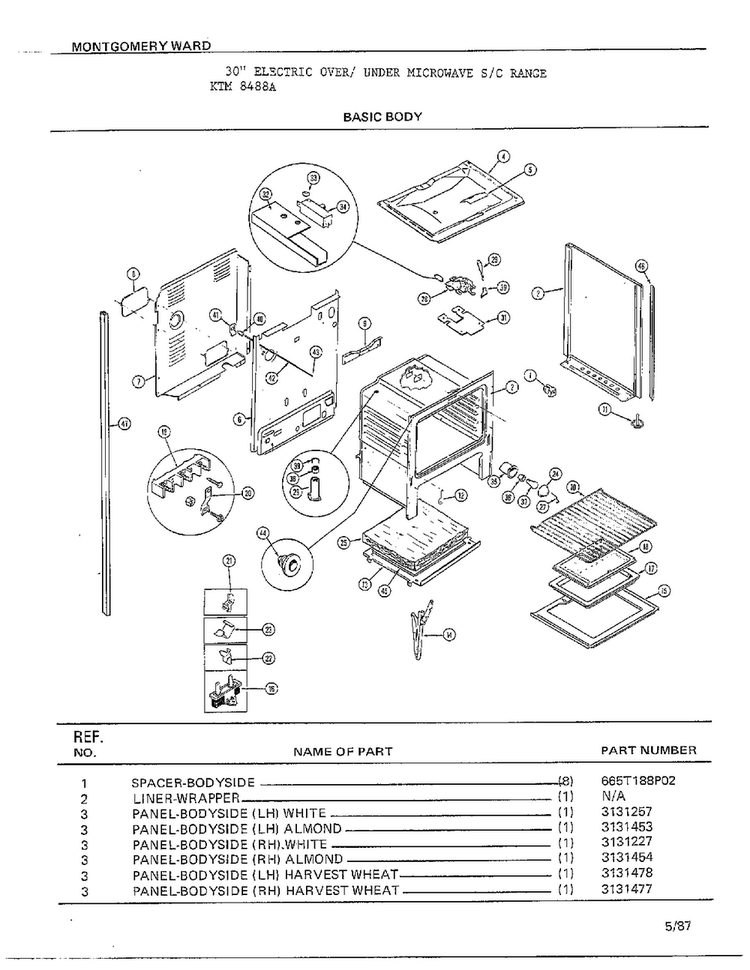 Basic Body Diagram and Parts List for 8488A  Frigidaire Range