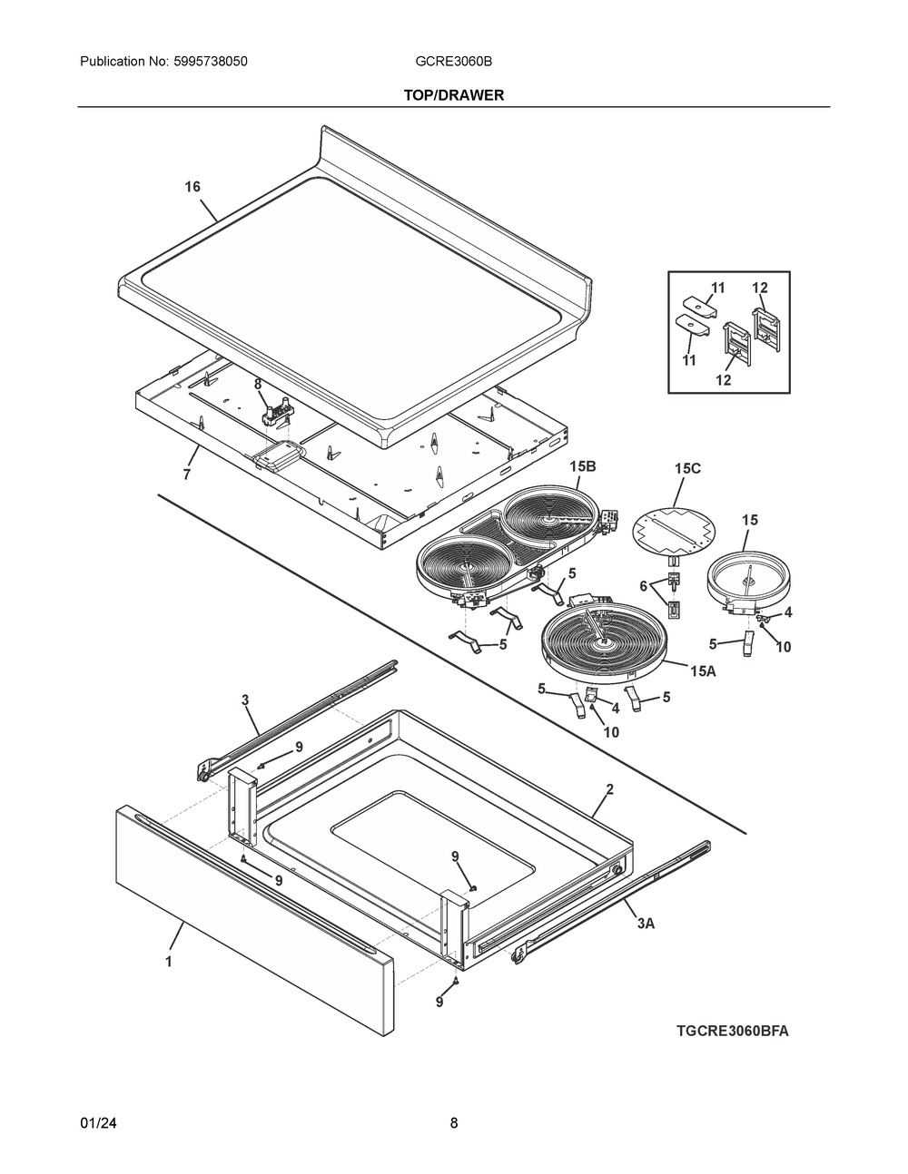 Top/Drawer Diagram and Parts List for GCRE3060BFA  Frigidaire Range