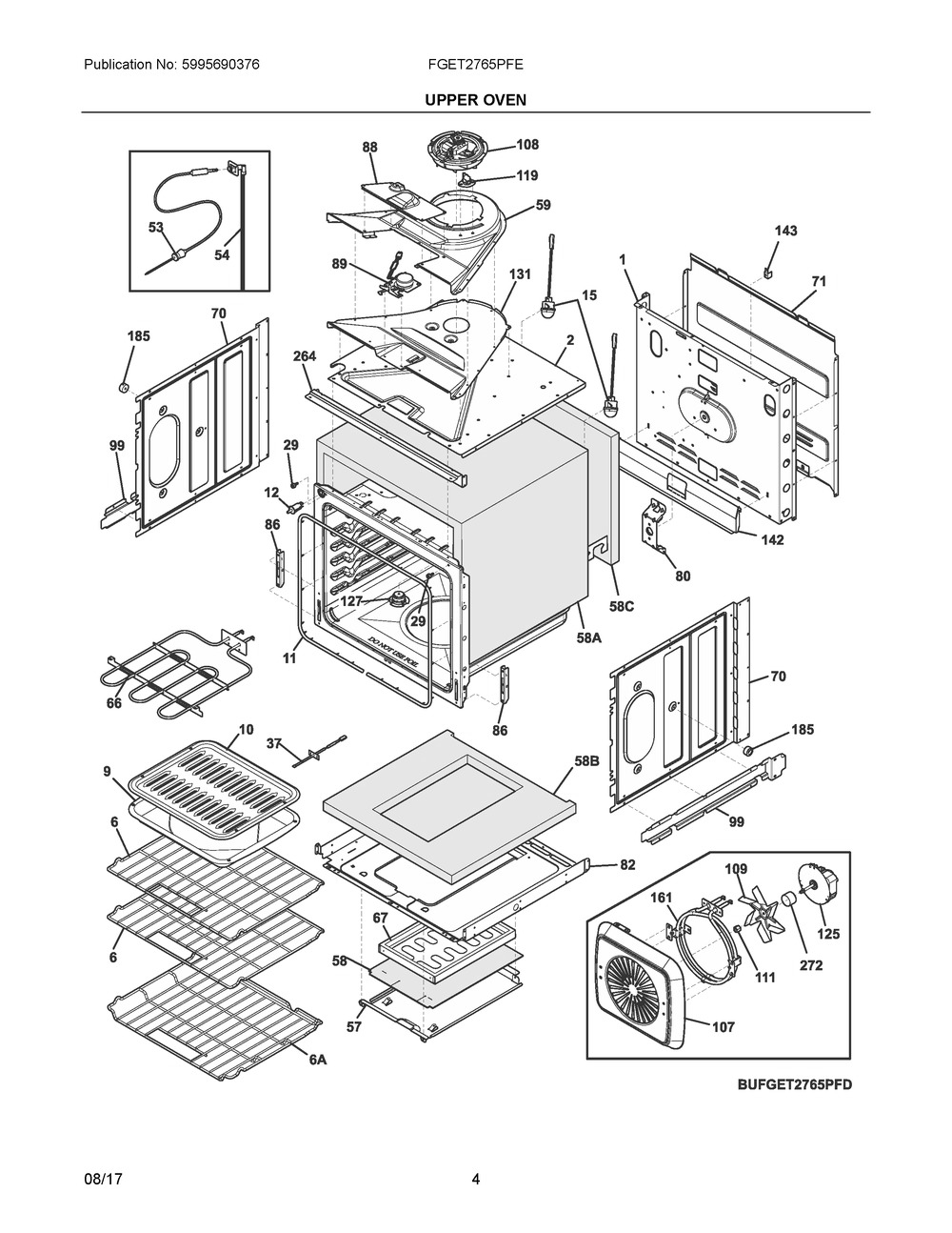 Upper Oven Diagram and Parts List for FGET2765PFE  Frigidaire Wall Oven