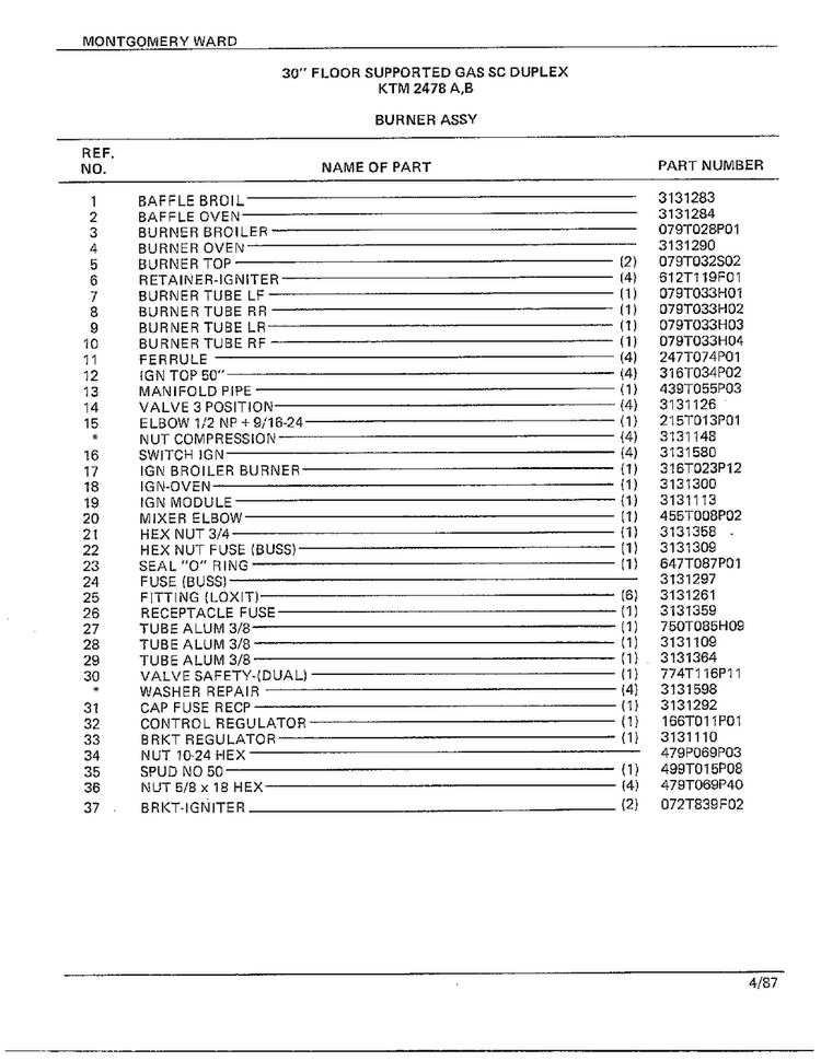 30" Floor/burner Assy Page 2 Diagram and Parts List for 2488A  Frigidaire Range
