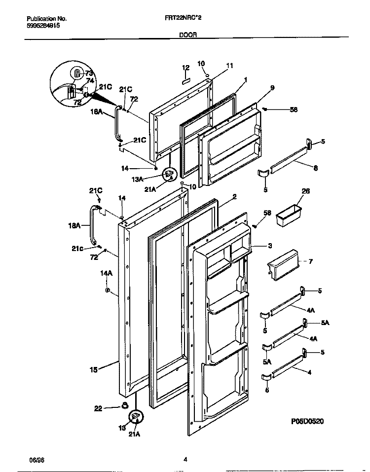 DOOR Diagram and Parts List for FRT22NRCW2  Frigidaire Refrigerator