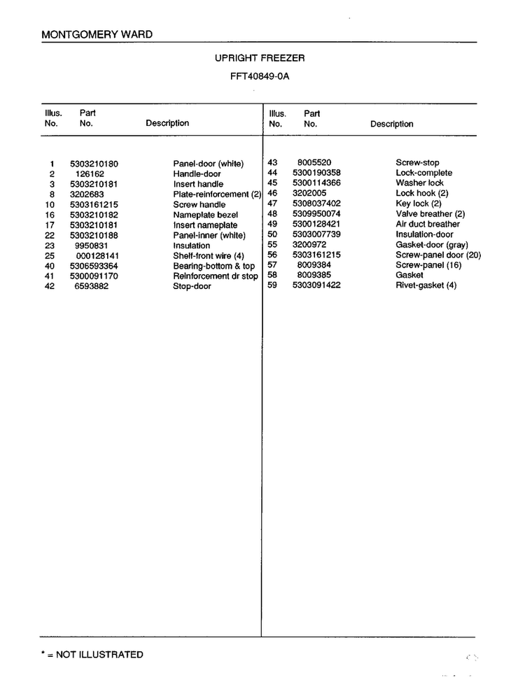 Upright Freezer Diagram and Parts List for 40849A  Frigidaire Freezer