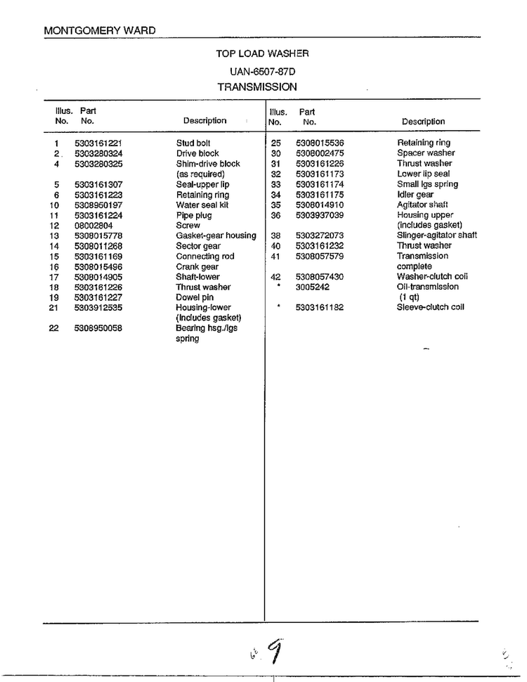 Transmission Page 2 Diagram and Parts List for 6507-87D  Frigidaire Washer