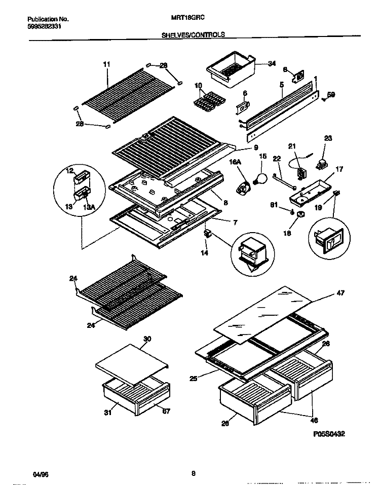 SHELVES / CONTROLS Diagram and Parts List for MRT18GRCW2  Frigidaire Refrigerator