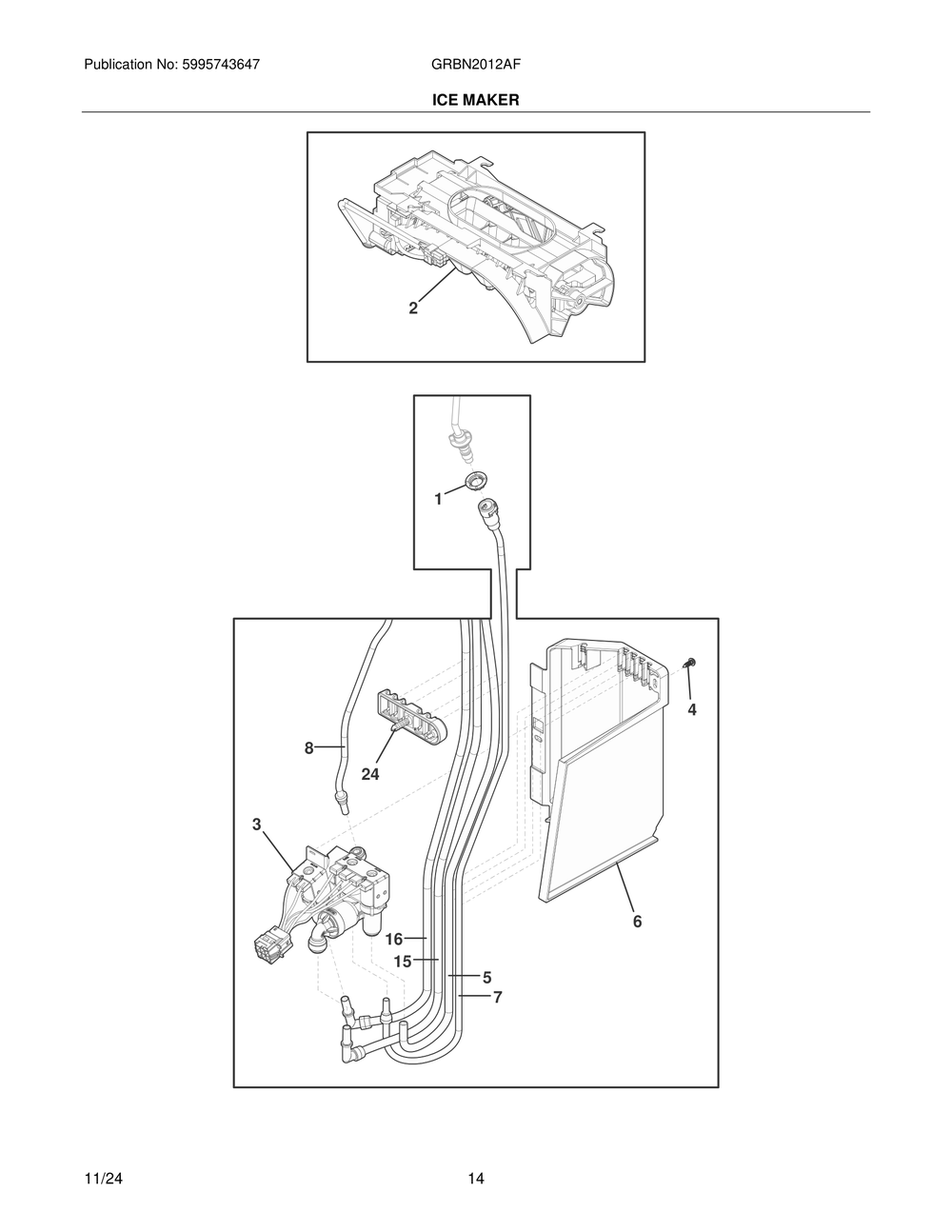 Ice Maker Diagram and Parts List for GRBN2012AF  Frigidaire Refrigerator