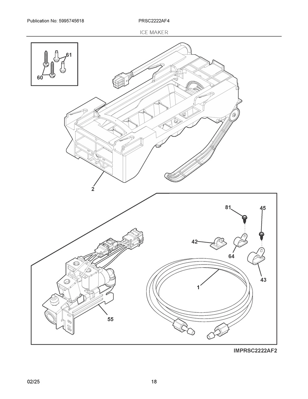 Ice Maker Diagram and Parts List for PRSC2222AF4  Frigidaire Refrigerator
