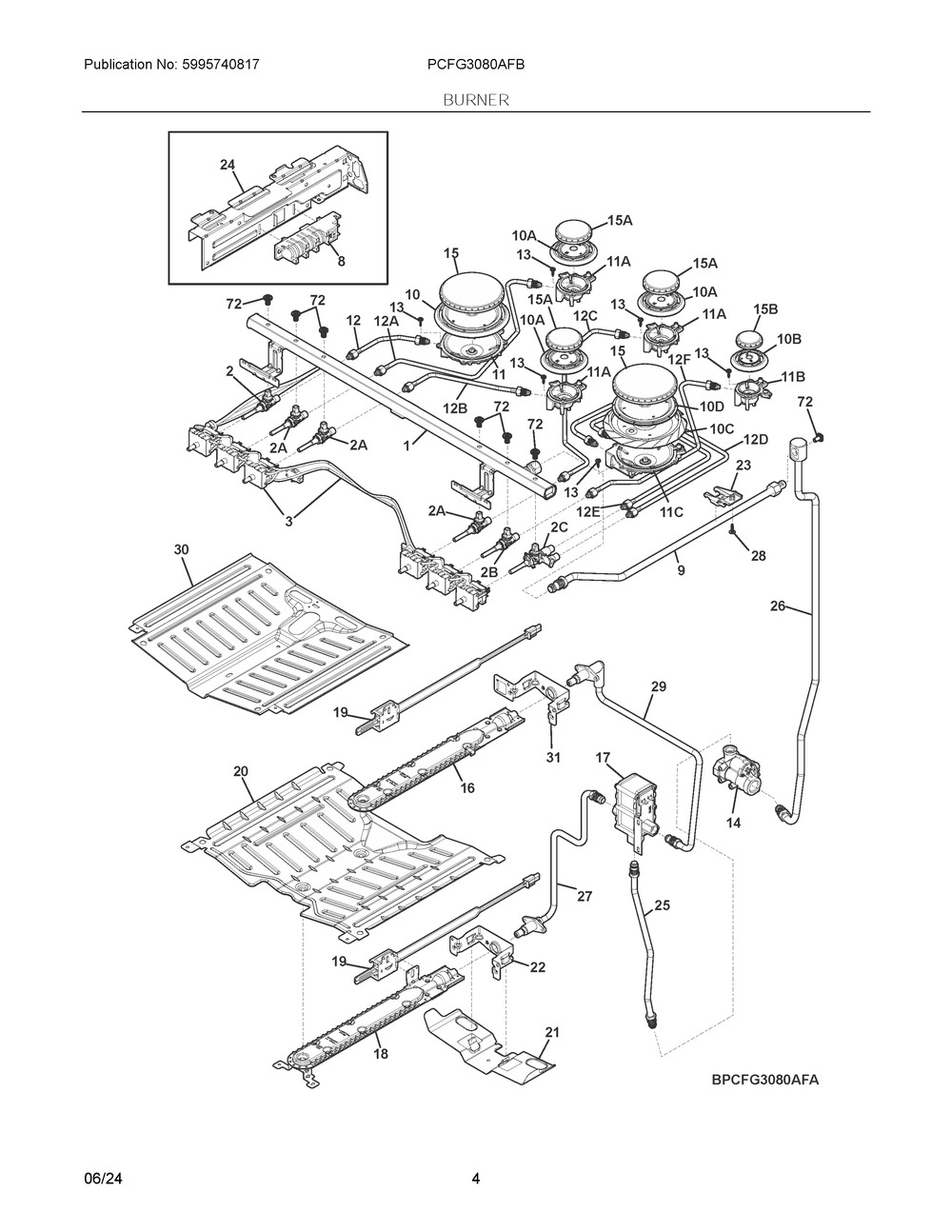 Burner Diagram and Parts List for PCFG3080AFB  Frigidaire Range