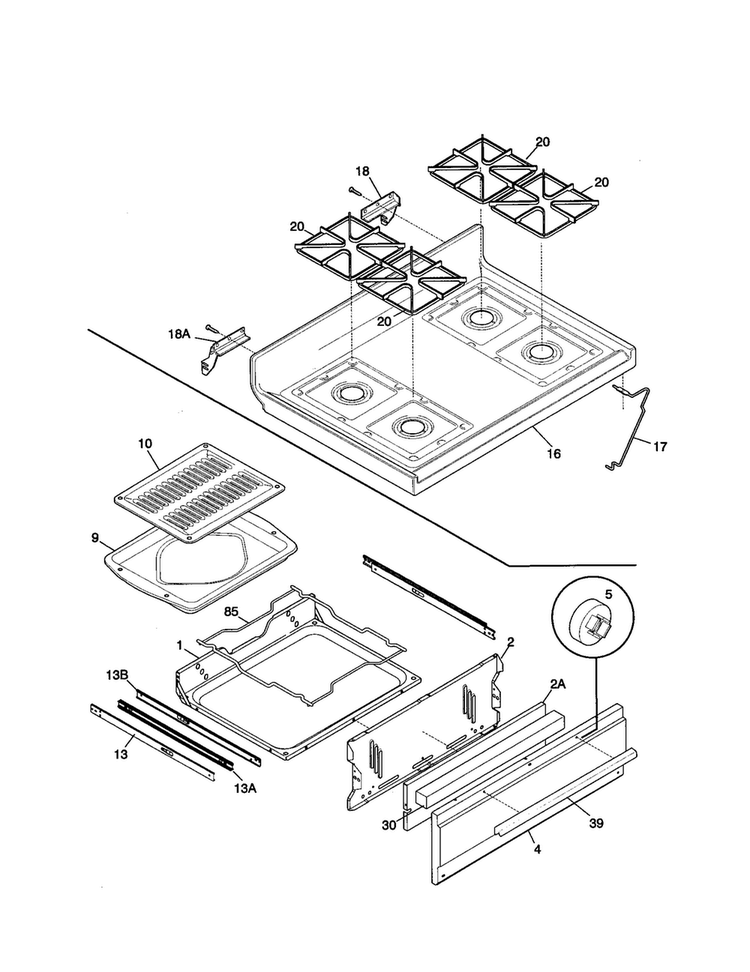 Top/drawer Diagram and Parts List for TGF324WHSA  Tappan Range