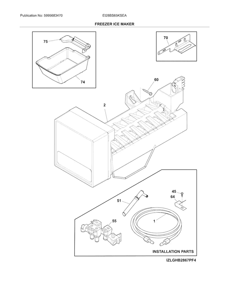 Freezer Ice Maker Diagram and Parts List for EI28BS65KSEA  Electrolux Refrigerator