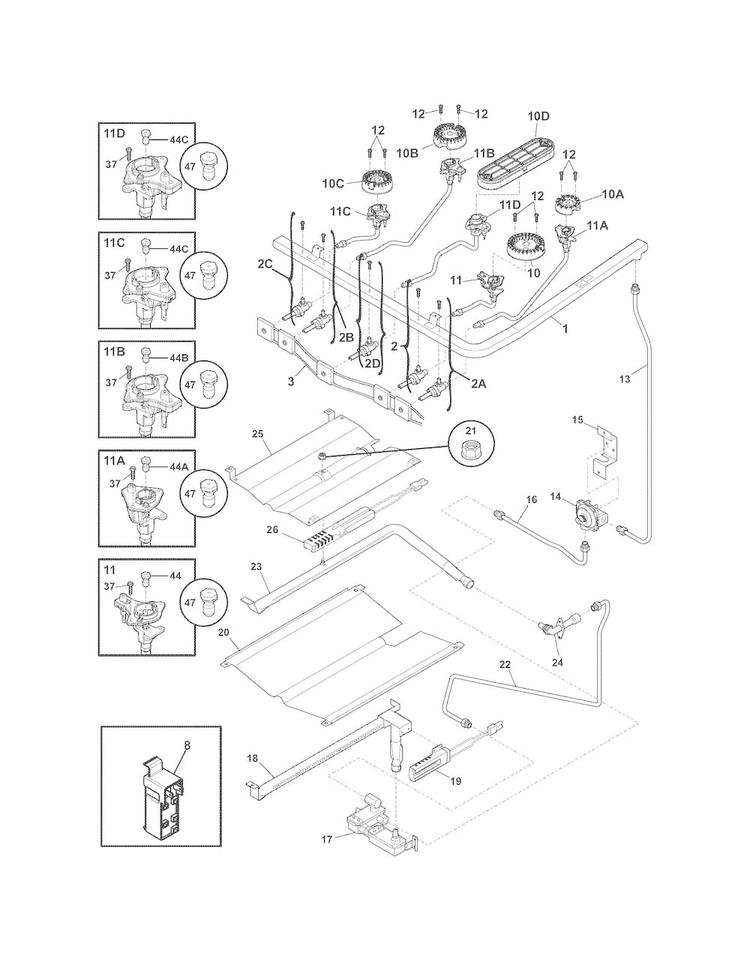 Burner Diagram and Parts List for LGGF3043KFP  Frigidaire Range