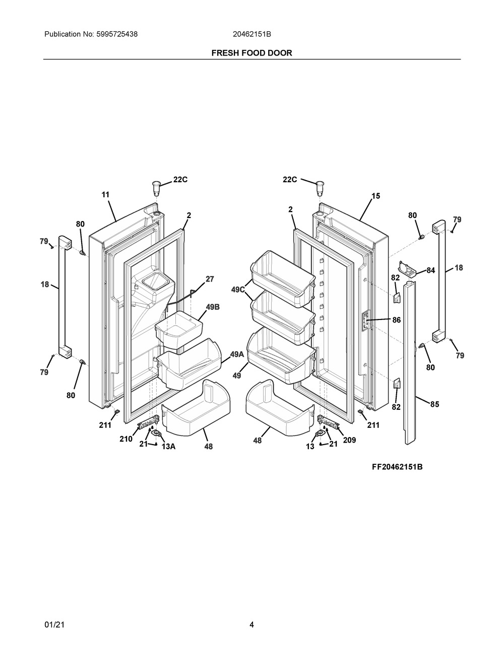 Fresh Food Door Diagram and Parts List for 20462151B  Frigidaire Refrigerator