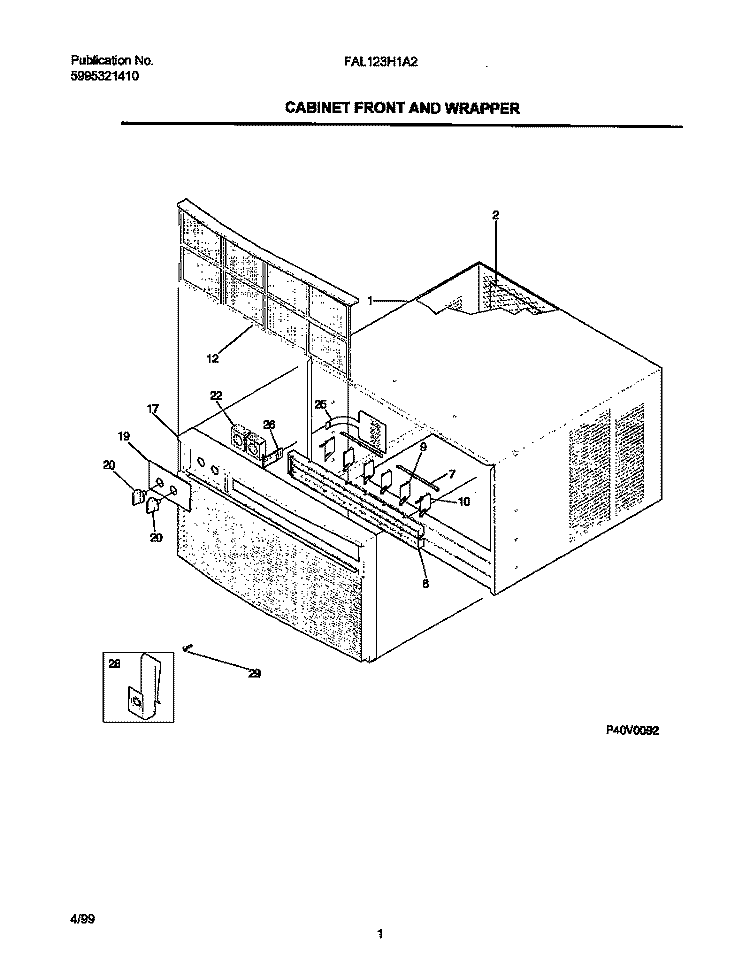 CABINET FRONT / WRAPPER Diagram and Parts List for FAL123H1A2  Frigidaire Air Conditioner