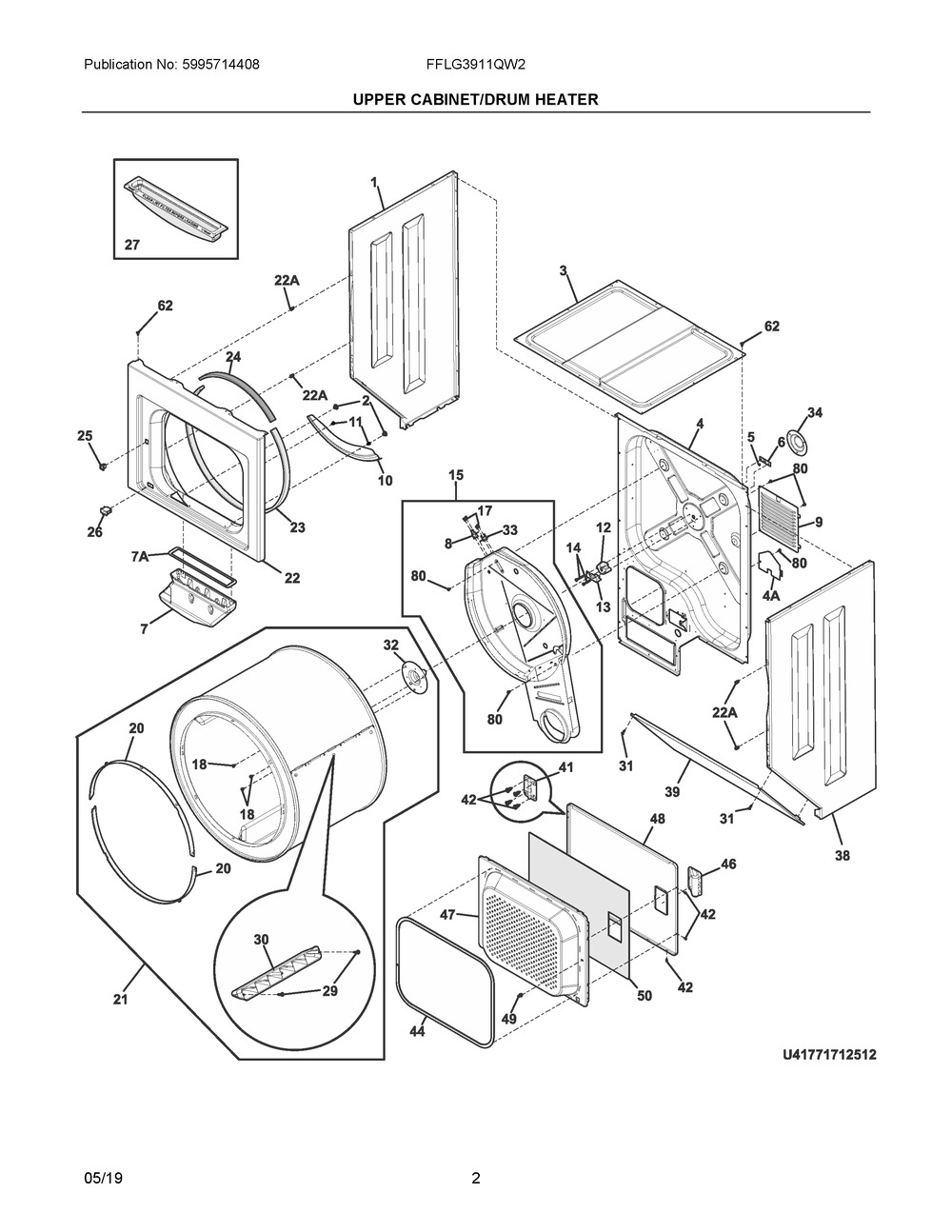 Upper Cabinet/drum Heater Diagram and Parts List for FFLG3911QW2  Frigidaire Washer Dryer Combo