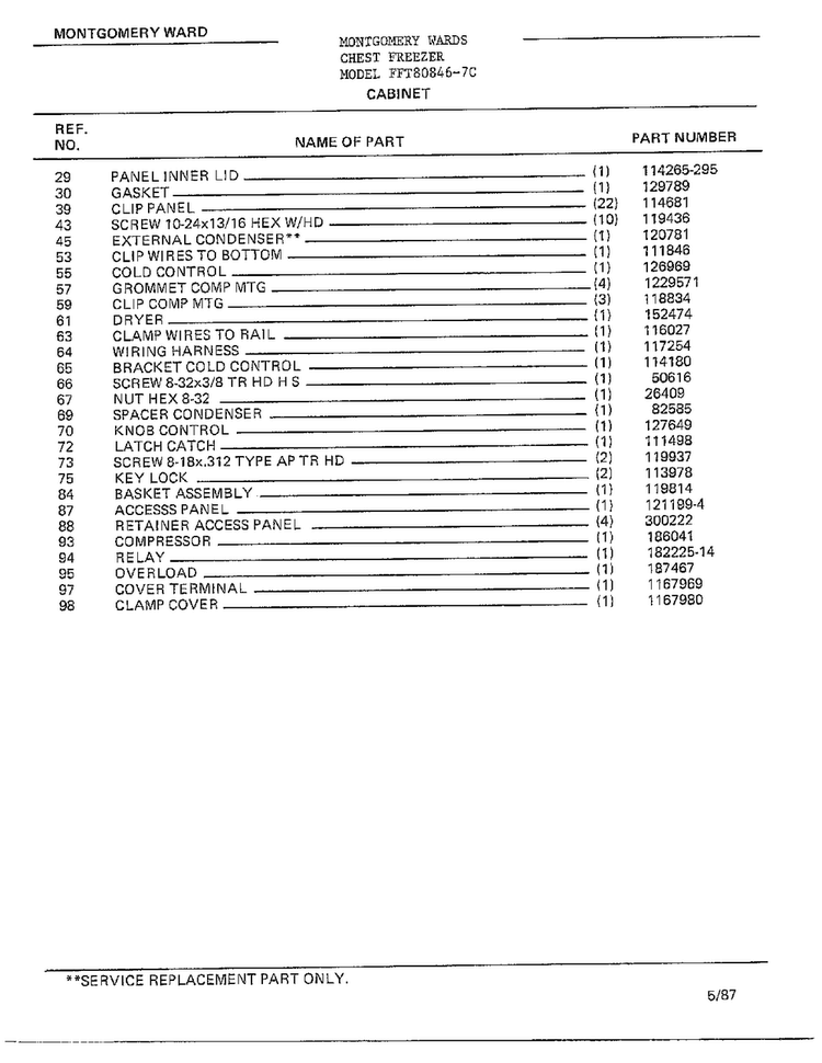 Cabinet Page 2 Diagram and Parts List for 80846-7C  Frigidaire Freezer