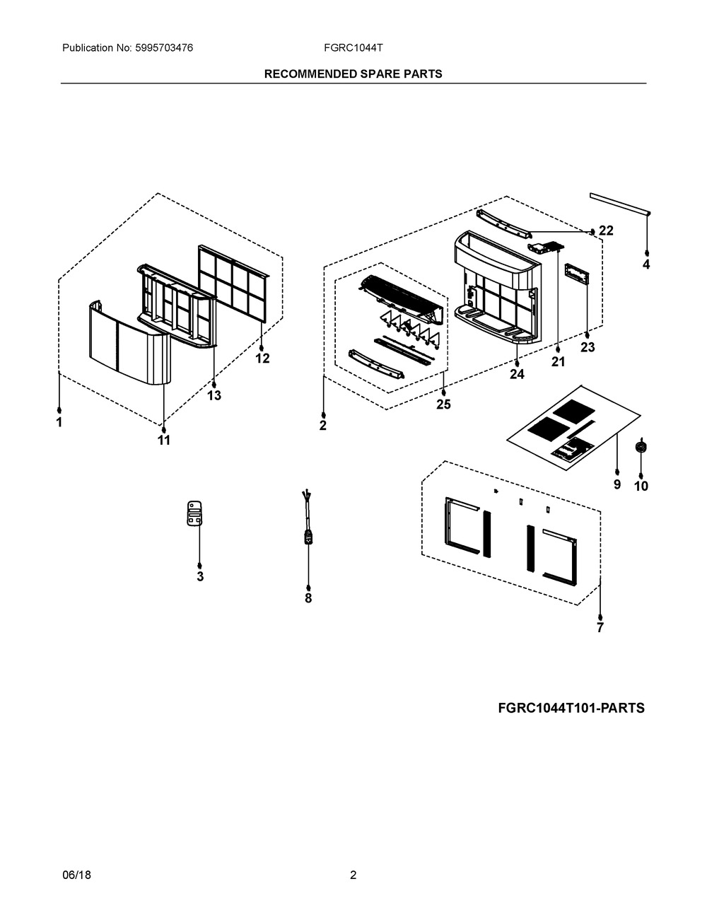 Recommended Spare Parts Diagram and Parts List for FGRC1044T1E00  Frigidaire Air Conditioner