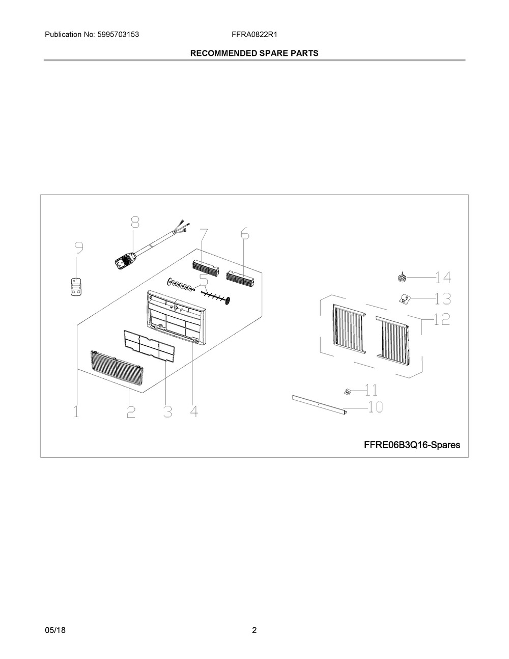 Recommended Spare Parts Diagram and Parts List for FFRA0822R12  Frigidaire Air Conditioner