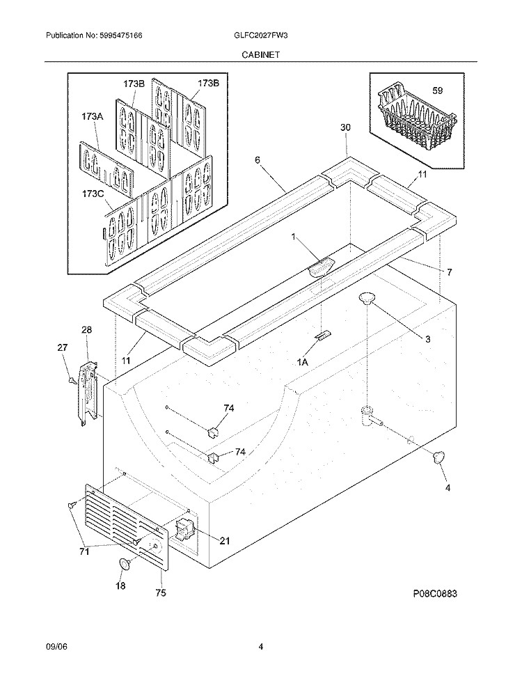 CABINET Diagram and Parts List for GLFC2027FW3  Frigidaire Freezer