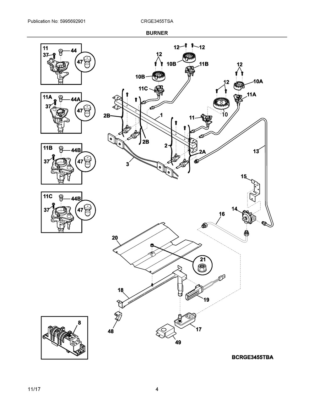Burner Diagram and Parts List for CRGE3455TSA  Frigidaire Range