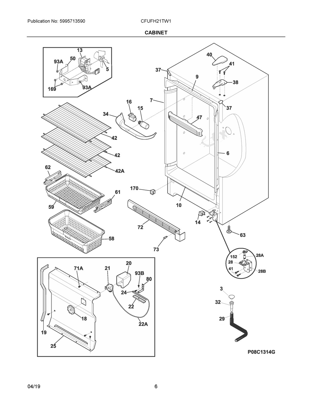 Cabinet Diagram and Parts List for CFUFH21TW1  Frigidaire Freezer