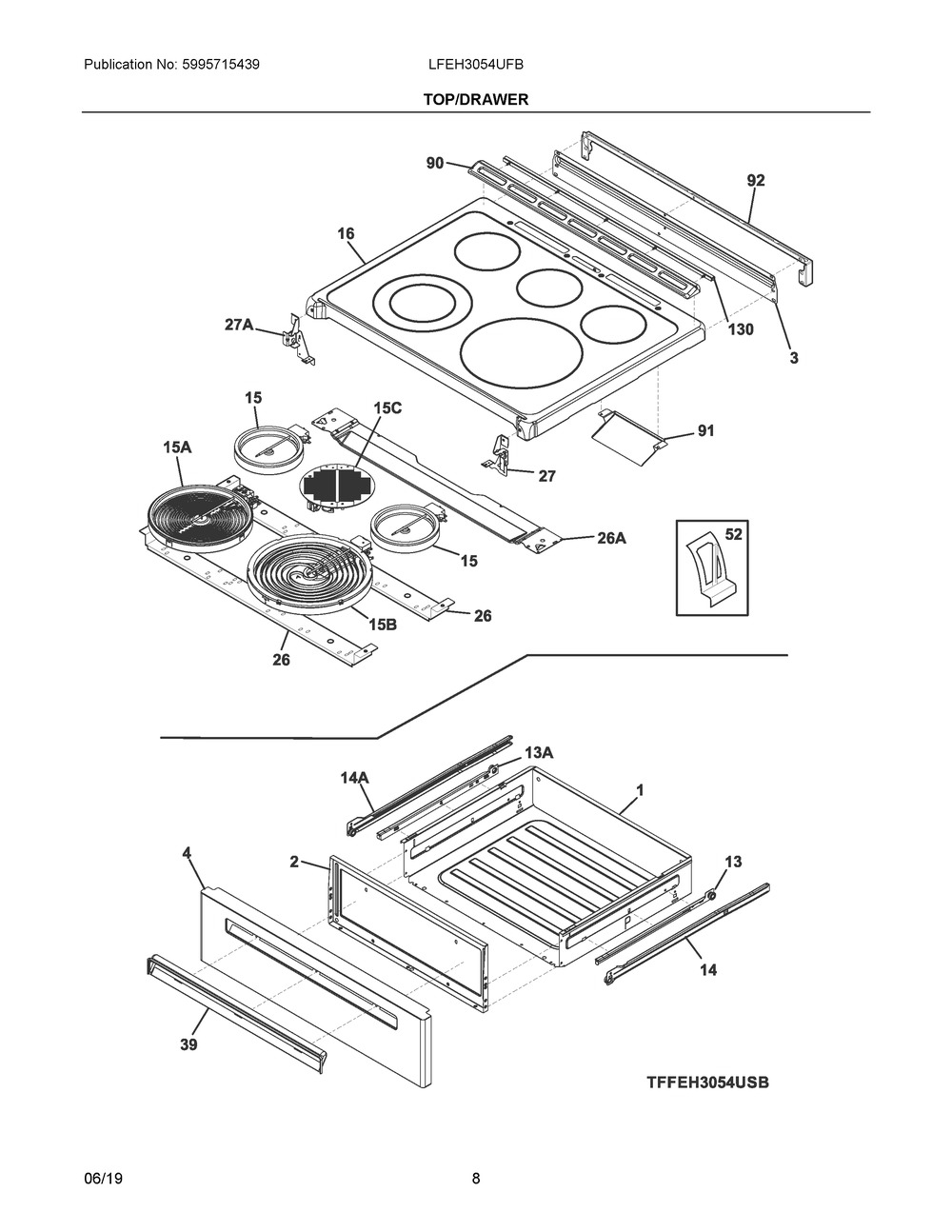 Top/drawer Diagram and Parts List for LFEH3054UFB  Frigidaire Range