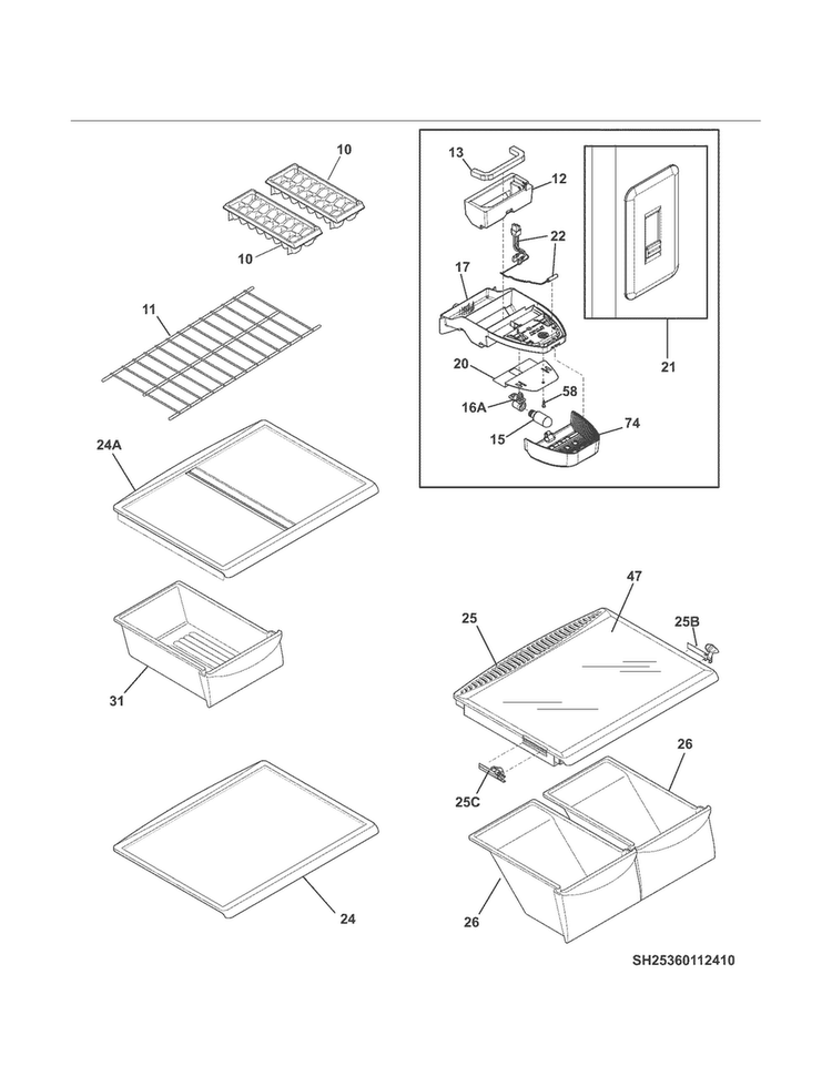 Shelves Diagram and Parts List for 25360113411  Kenmore Refrigerator