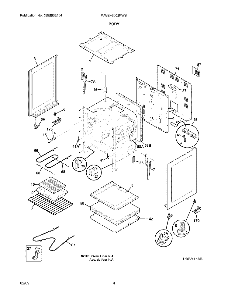 BODY Diagram and Parts List for WWEF3002KWB  Westinghouse Range