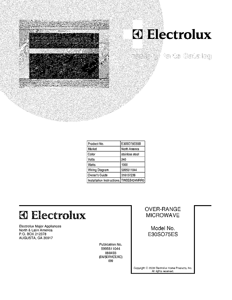 COVER Diagram and Parts List for E30SO75ESSB  Electrolux Microwave