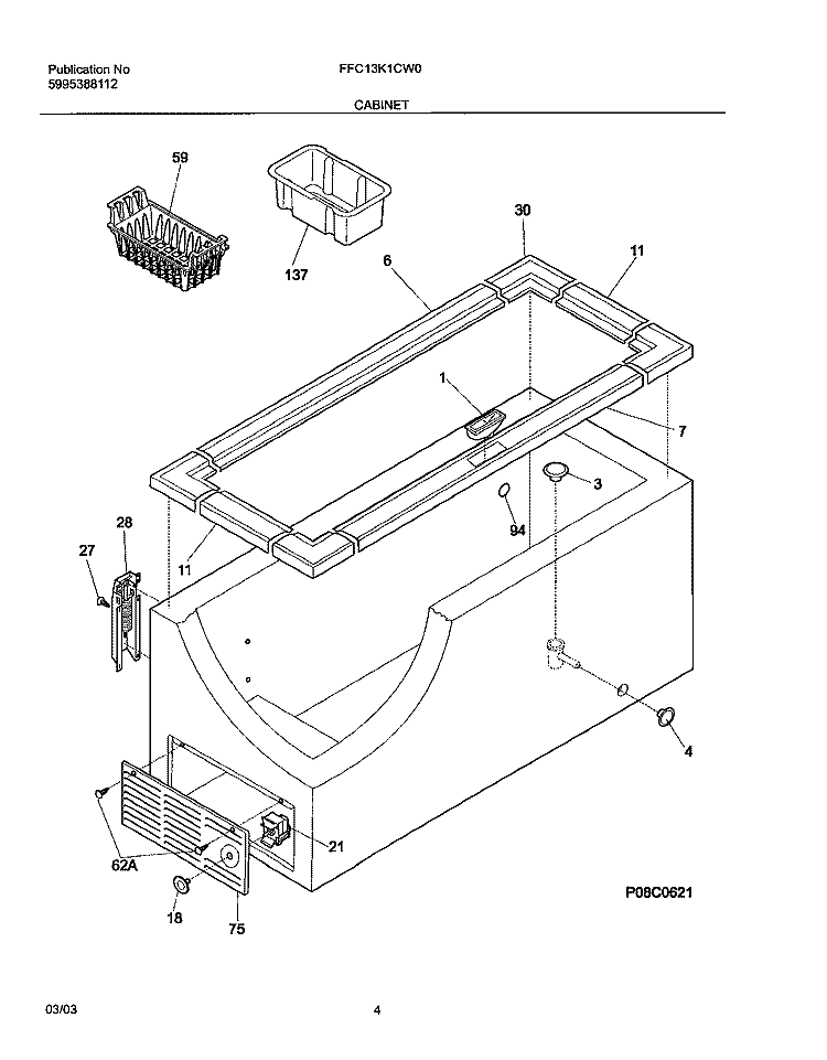 CABINET Diagram and Parts List for FFC13K1CW0  Frigidaire Freezer