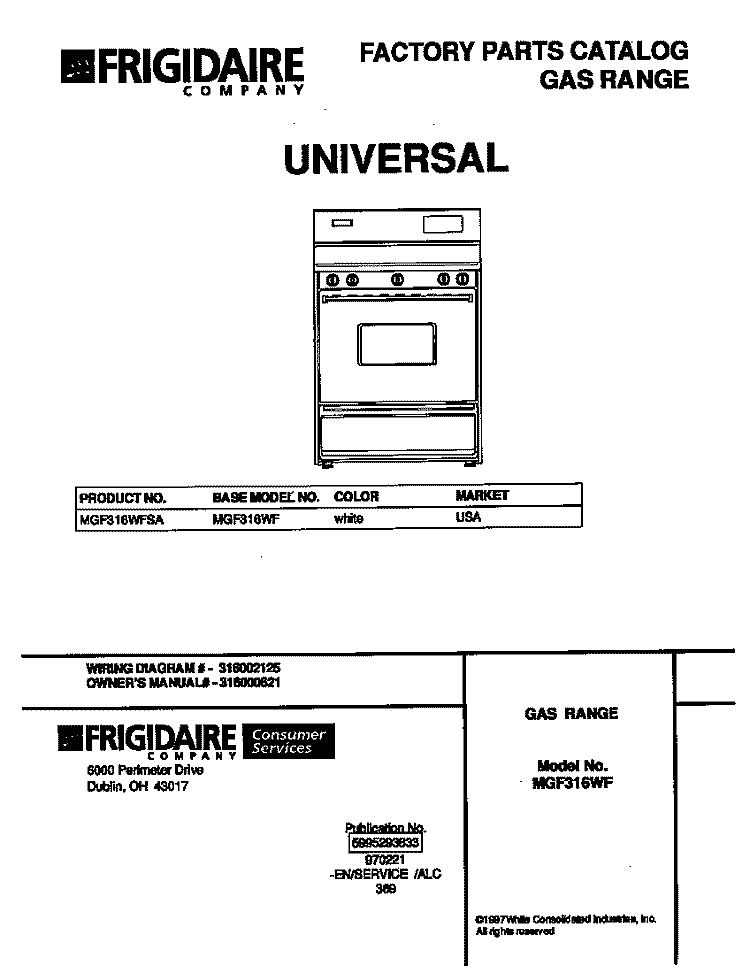 COVER Diagram and Parts List for MGF316WFSA  Frigidaire Range