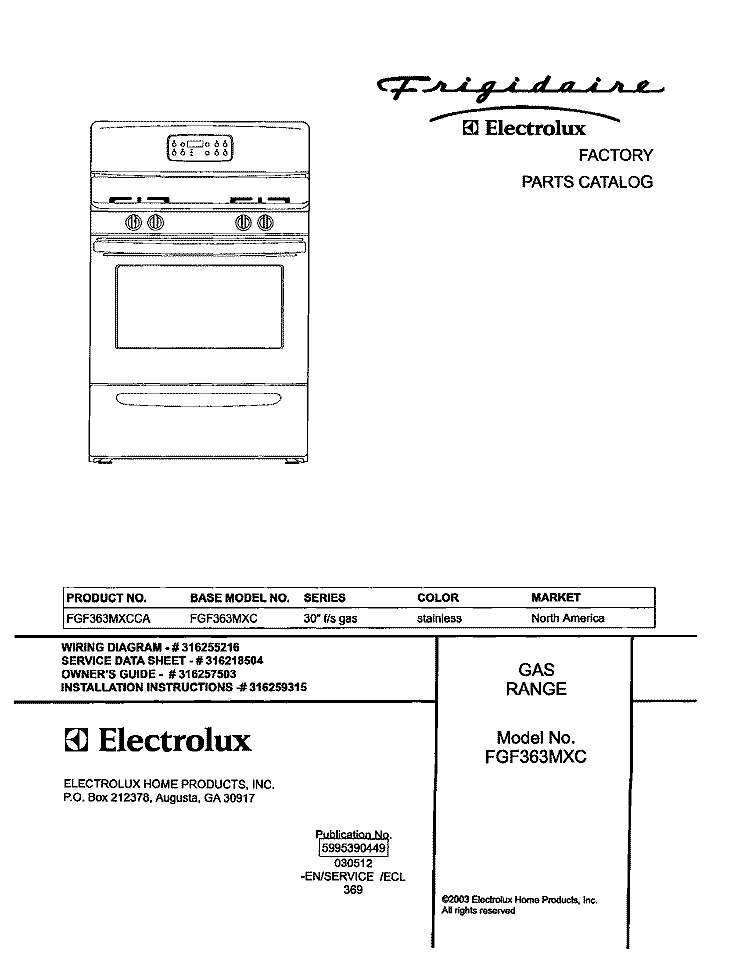 COVER Diagram and Parts List for FGF363MXCCA  Frigidaire Range