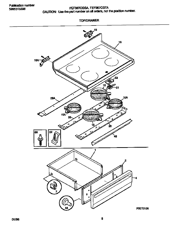 TOP / DRAWER Diagram and Parts List for FEF367CGSA  Frigidaire Range