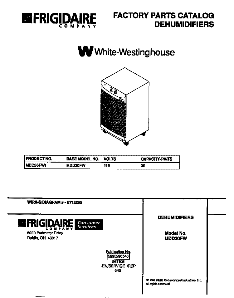 COVER Diagram and Parts List for MDD30FW1  Frigidaire Dehumidifier