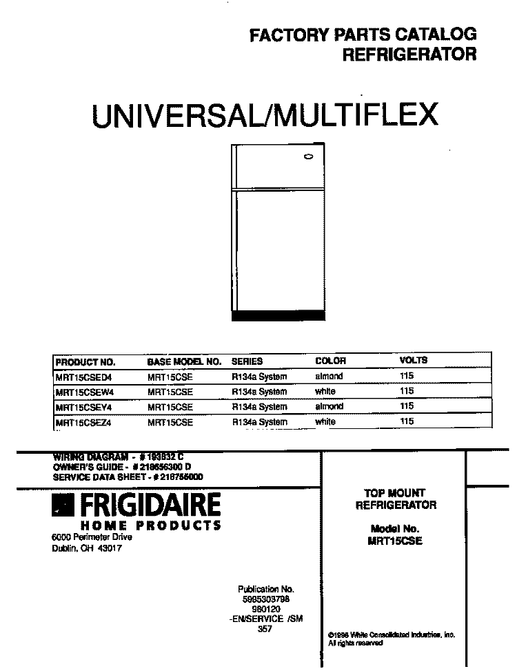COVER Diagram and Parts List for MRT15CSEY4  Frigidaire Refrigerator