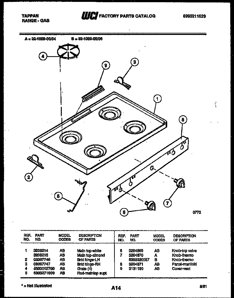 COOKTOP PARTS Diagram and Parts List for 32-1009-00-05  Tappan Range
