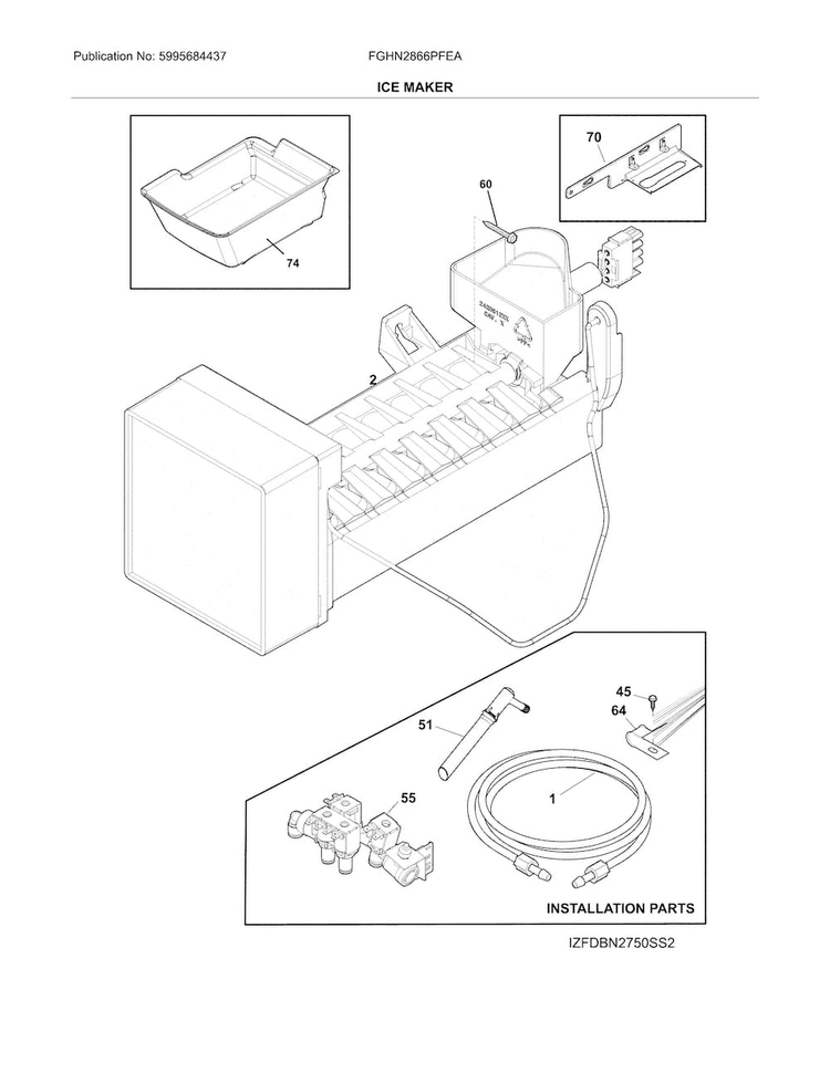 Ice Maker Diagram and Parts List for FGHN2866PFEA  Frigidaire Refrigerator