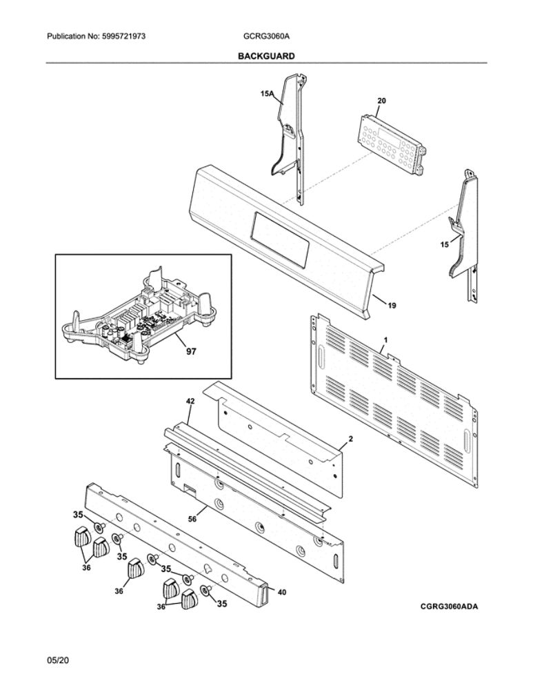 Backguard Diagram and Parts List for GCRG3060AFB  Frigidaire Range