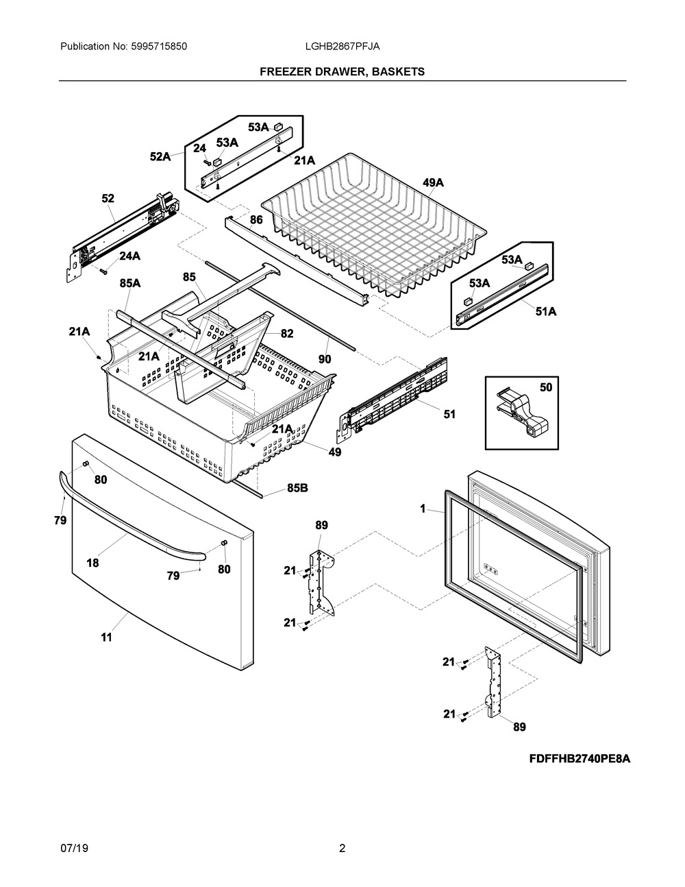 Freezer Drawer, Baskets Diagram and Parts List for LGHB2867PFJA  Frigidaire Refrigerator