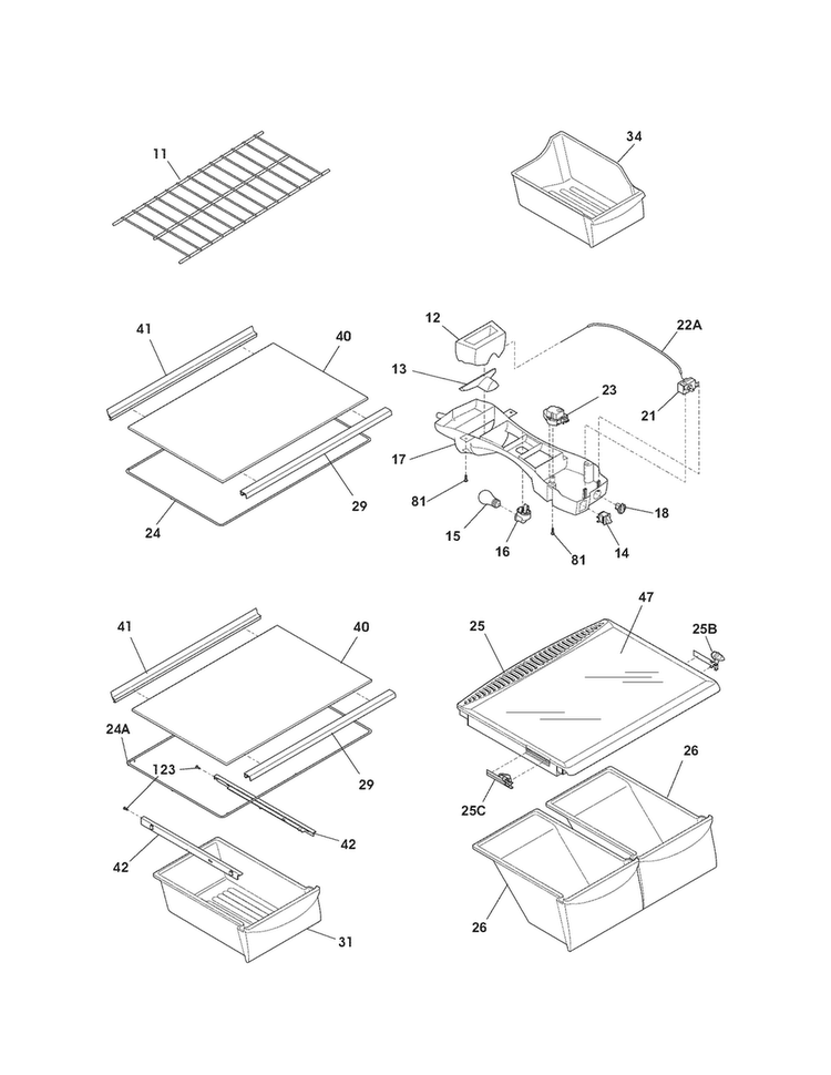 Shelves Diagram and Parts List for 25373211012  Kenmore Refrigerator