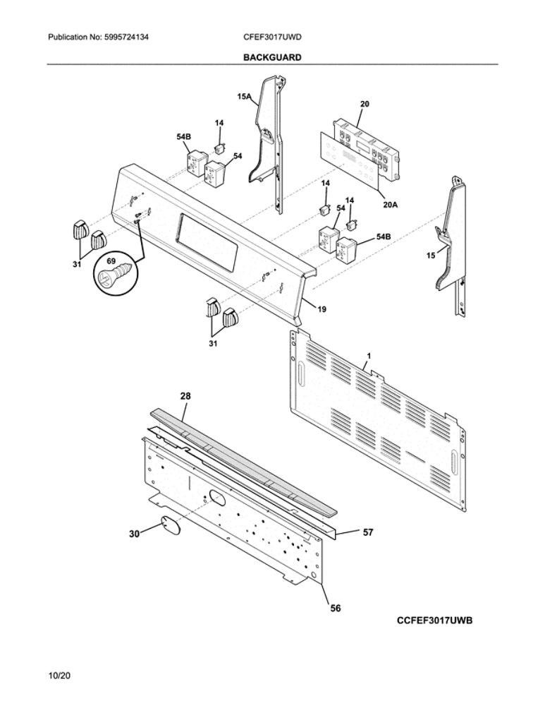 Backguard Diagram and Parts List for CFEF3017UWD  Frigidaire Range