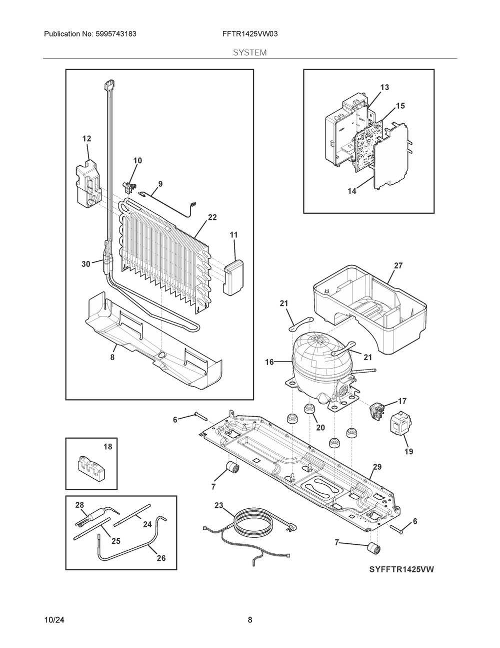System Diagram and Parts List for FFTR1425VW03  Frigidaire Refrigerator