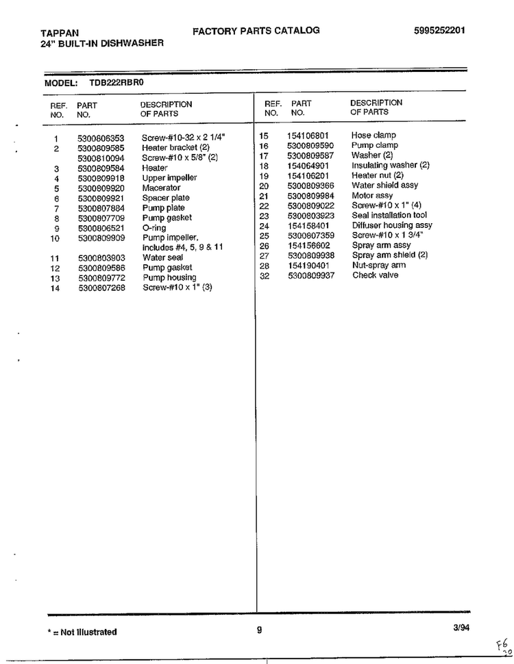 24" Built-in Dishwasher Page 9 Diagram and Parts List for 68-1075  Frigidaire Dishwasher