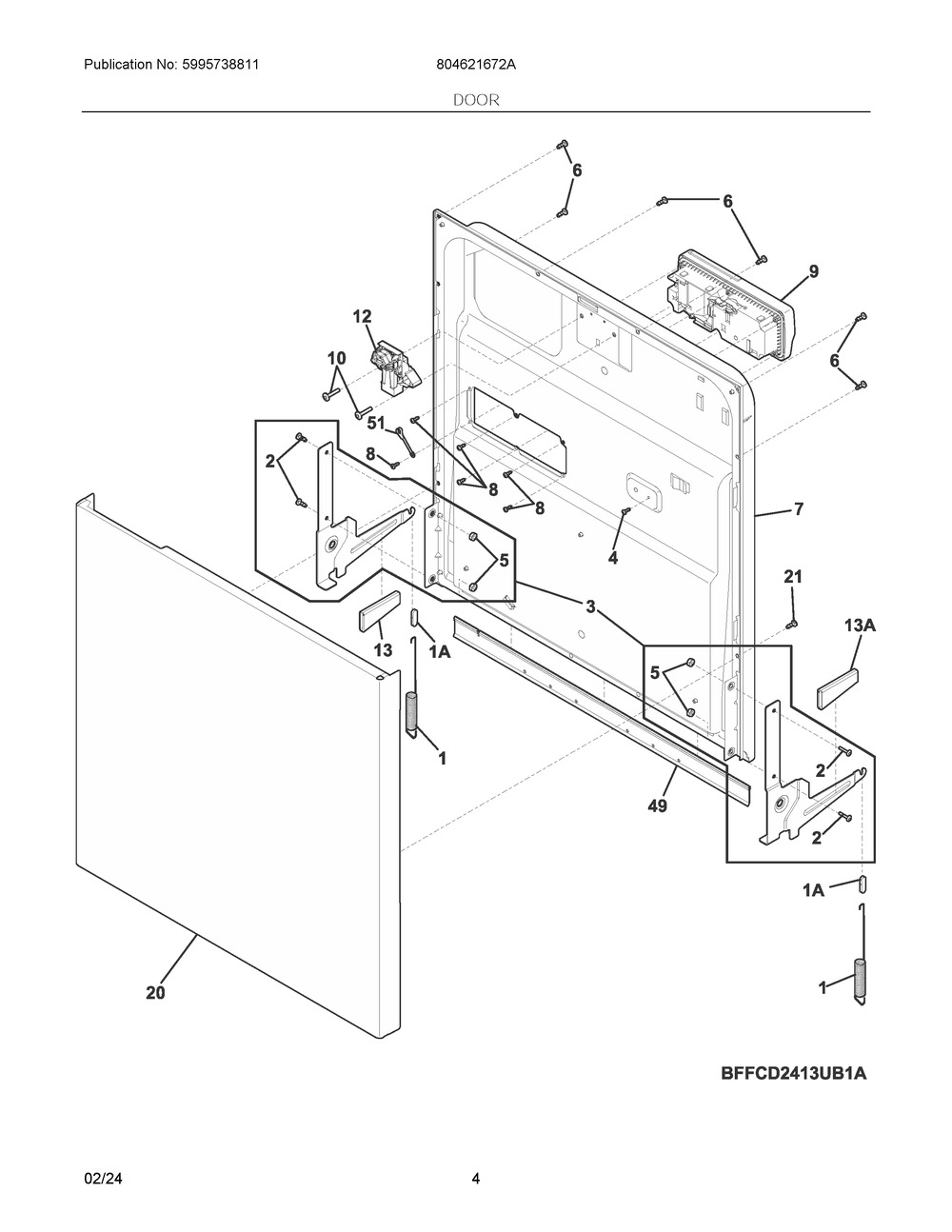 Door Diagram and Parts List for 804621672A  Frigidaire Dishwasher