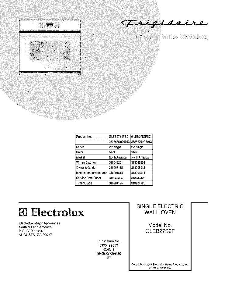 COVER Diagram and Parts List for GLEB27S9FSC  Frigidaire Wall Oven