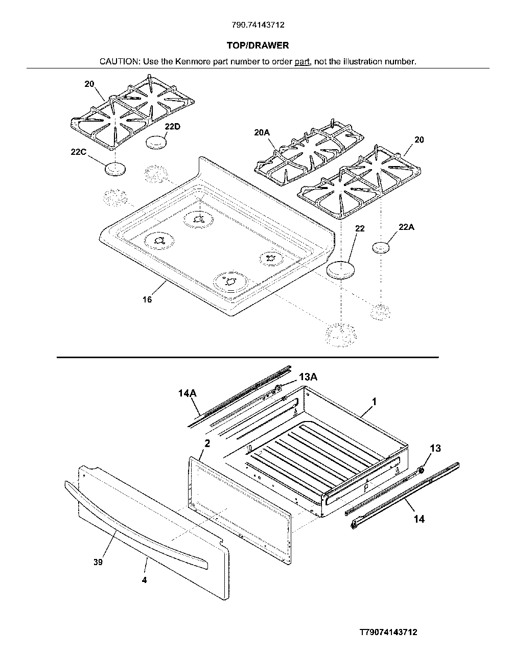 Top/drawer Diagram and Parts List for 79074143712  Kenmore Range