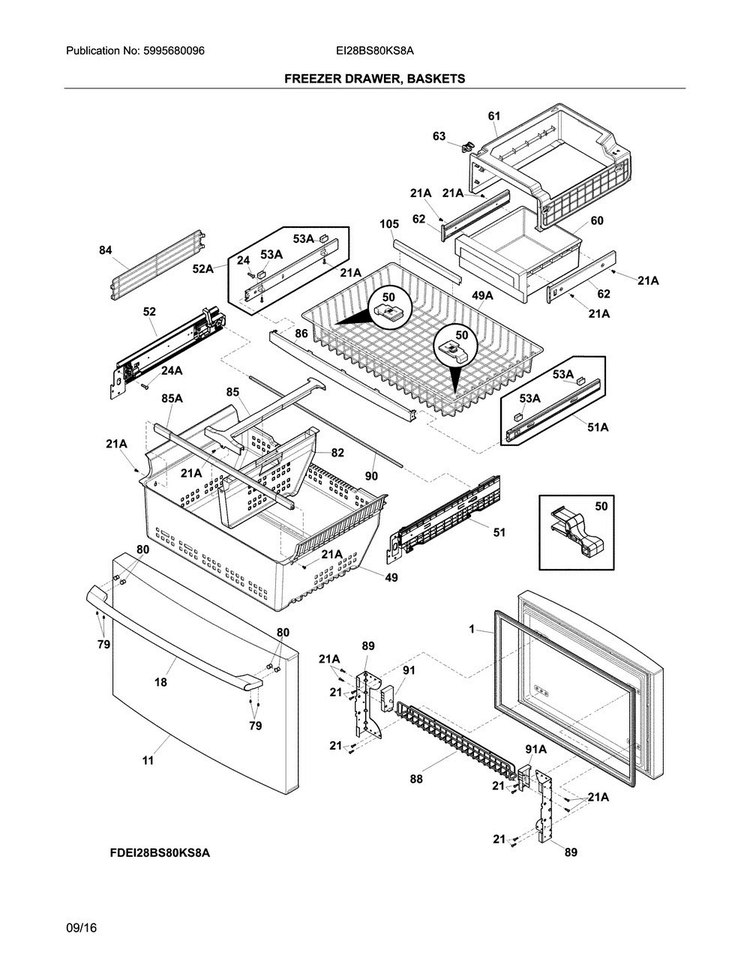 Freezer Drawer, Baskets Diagram and Parts List for EI28BS80KS8A  Electrolux Refrigerator