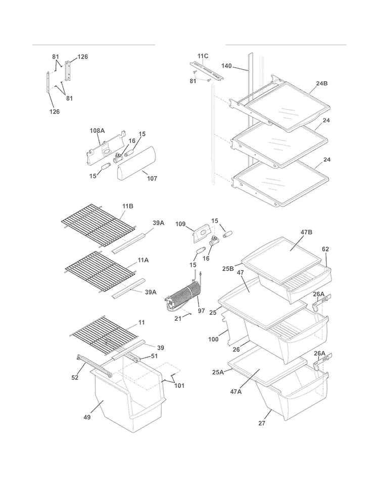 Shelves Diagram and Parts List for DGUS2645LF2  Frigidaire Refrigerator