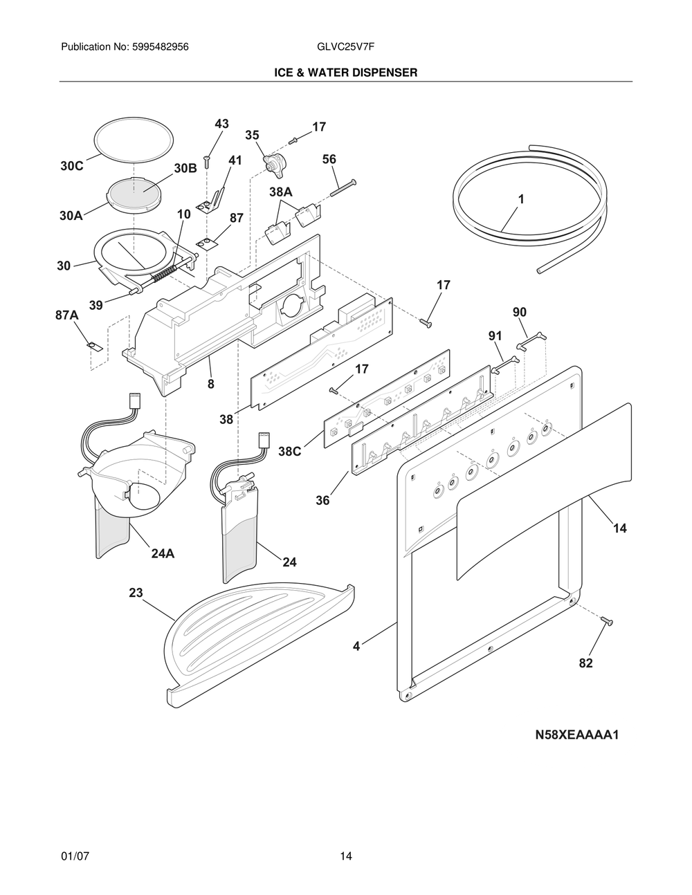 Ice And Water Dispenser Diagram and Parts List for GLVC25V7FW2  Frigidaire Refrigerator