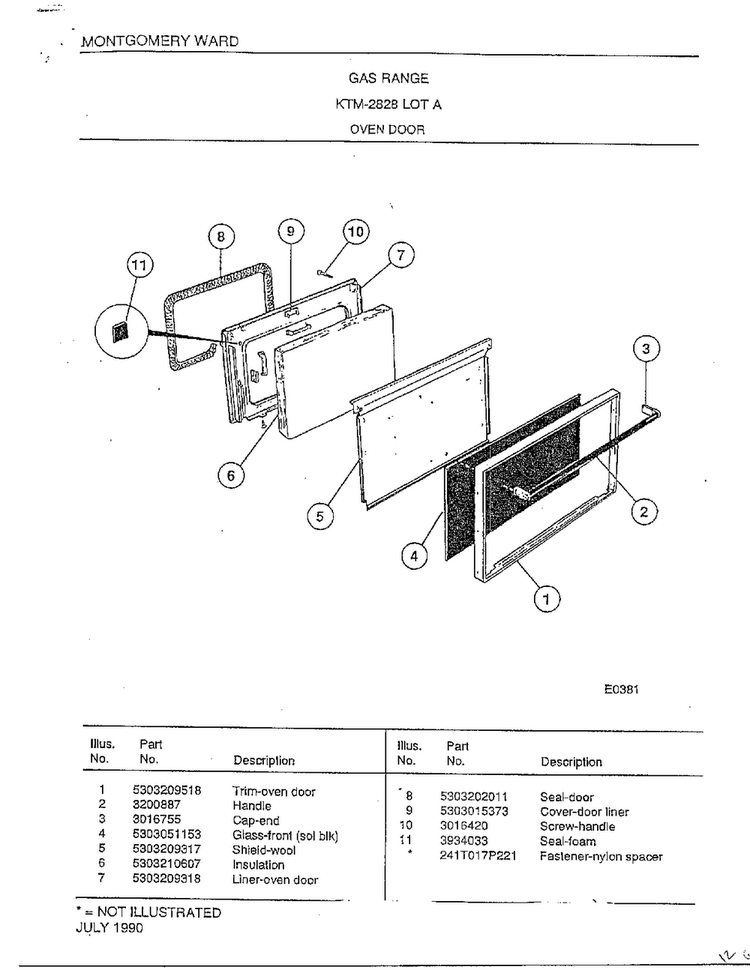 Oven Door Diagram and Parts List for 2828A  Frigidaire Range